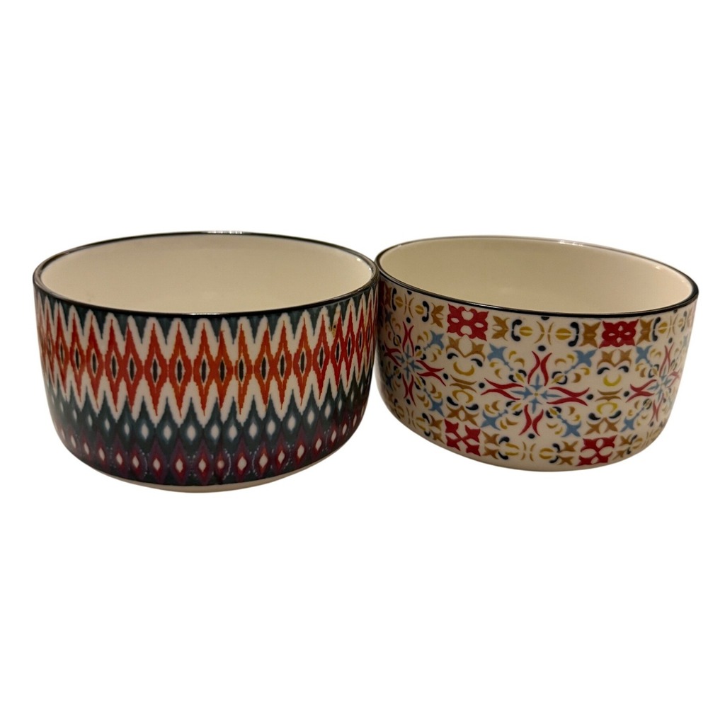 Signature Housewares Stoneware Bowls Set of 2 Geometric Ikat Bohemian Tile 4.75"